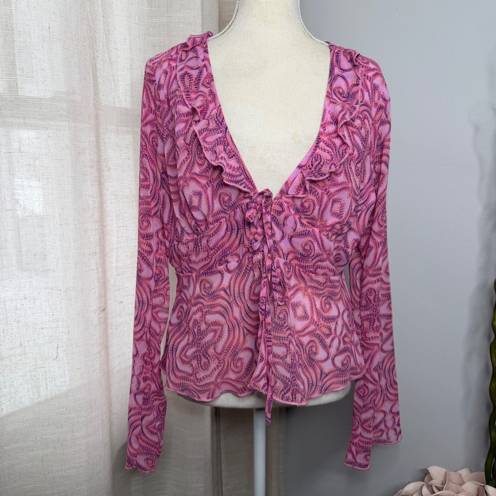 wild fable Pink Swirl Tie-Front Ruffle Blouse